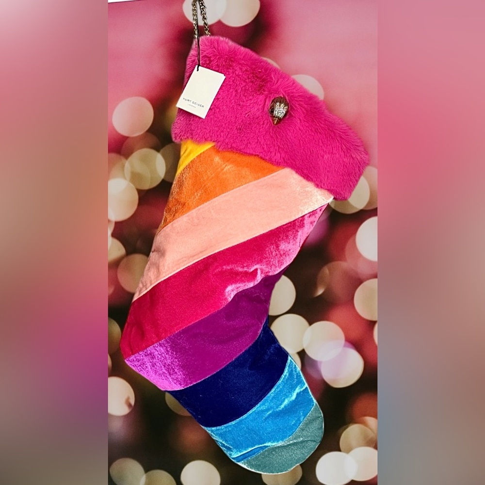Kurt Geiger NWT Stocking Velvet & faux fur Rainbow Striped GoldW/CrystalBirdHead